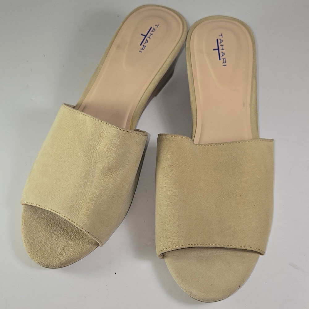 Tahari‎ Novella Tan Suede Wedge Mules Women's Size 10 M Open Toe Slip On